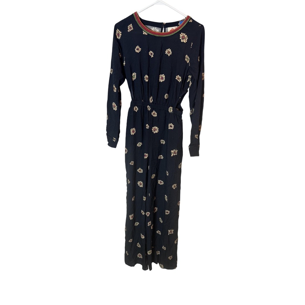 Farm Rio for Anthropologie Dress Womens XS Black Floral Maxi Long Sleeve Boho